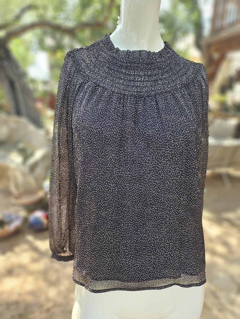 New W Tag Loft Women's Blouse Black & Brown Shirred Ruffle Neck Long Sleeve XSP